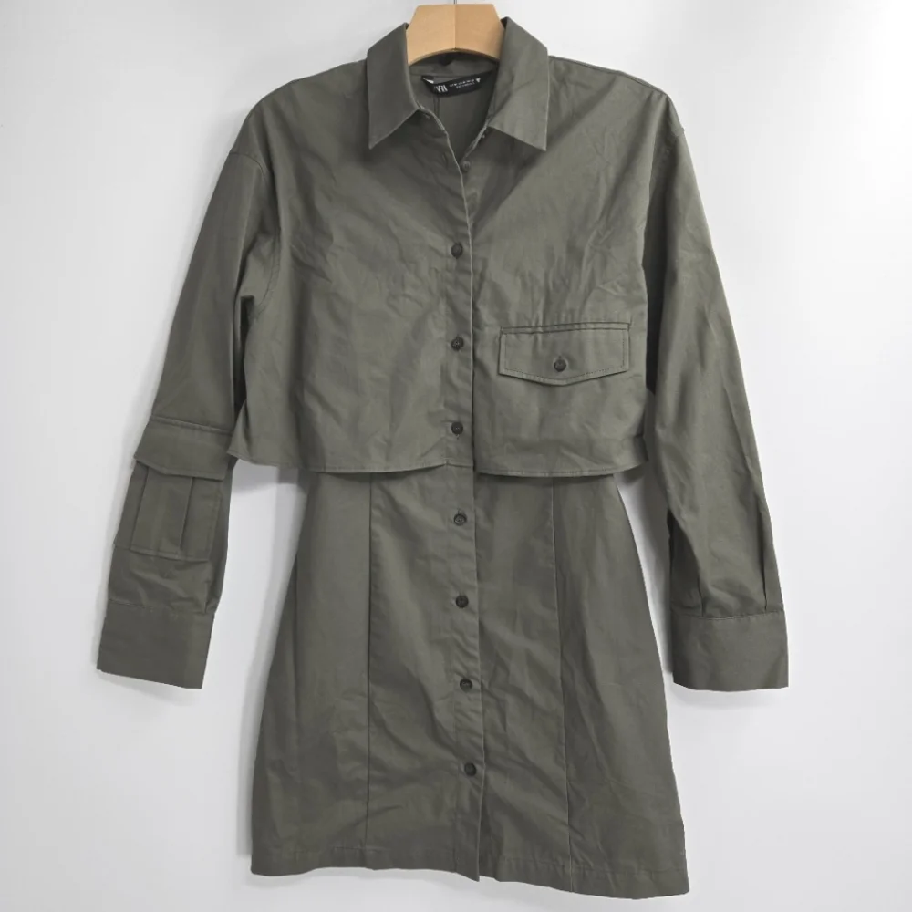 Zara Gabardine Shirt Dress Green Utility Long‎ Sleeves